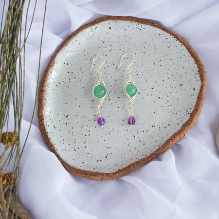 Green Aventurine and Amethyst Earrings | Gemstone Wire Wrap Jewellery