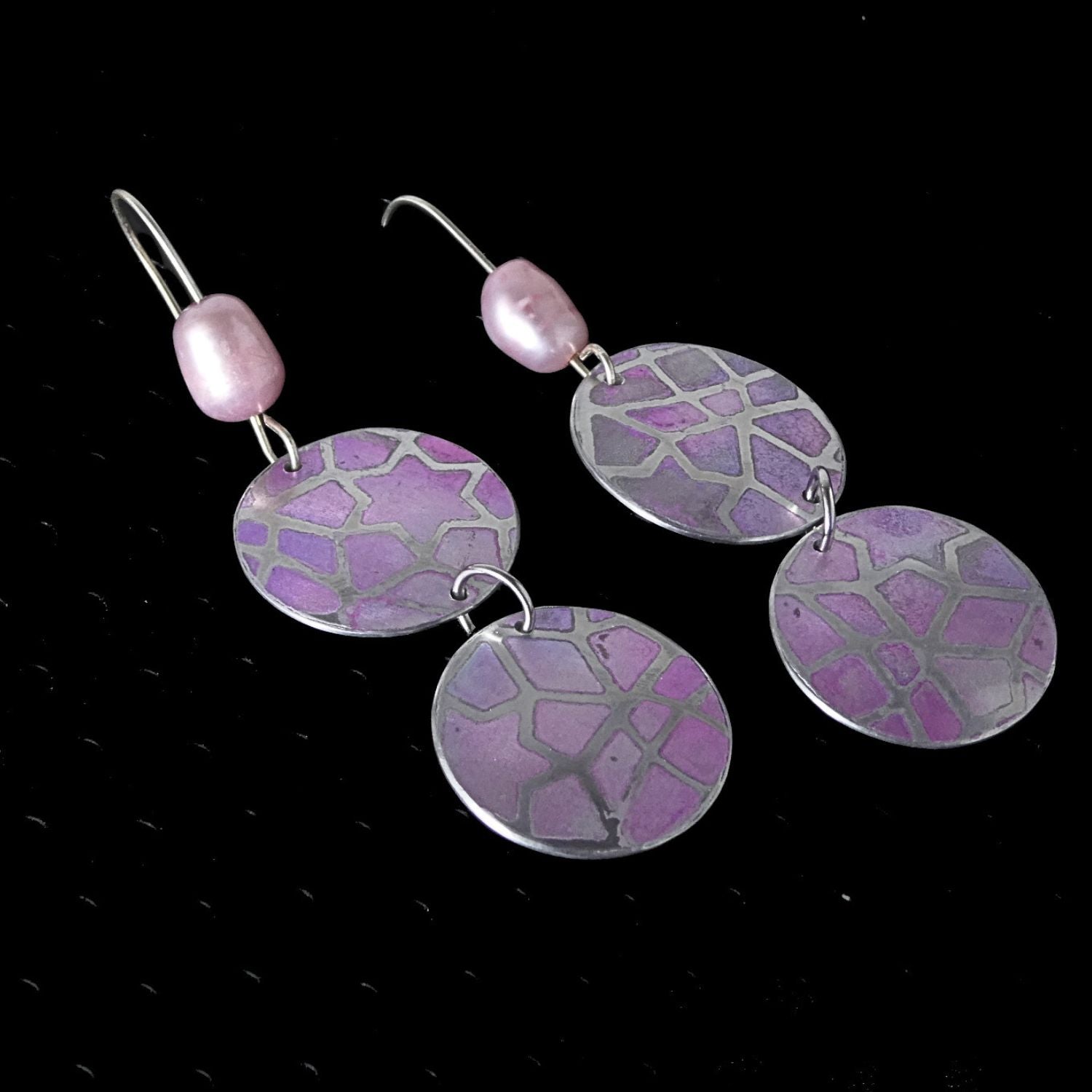Anodised aluminium earrings hand printed Pink Mosaic Collection - A252