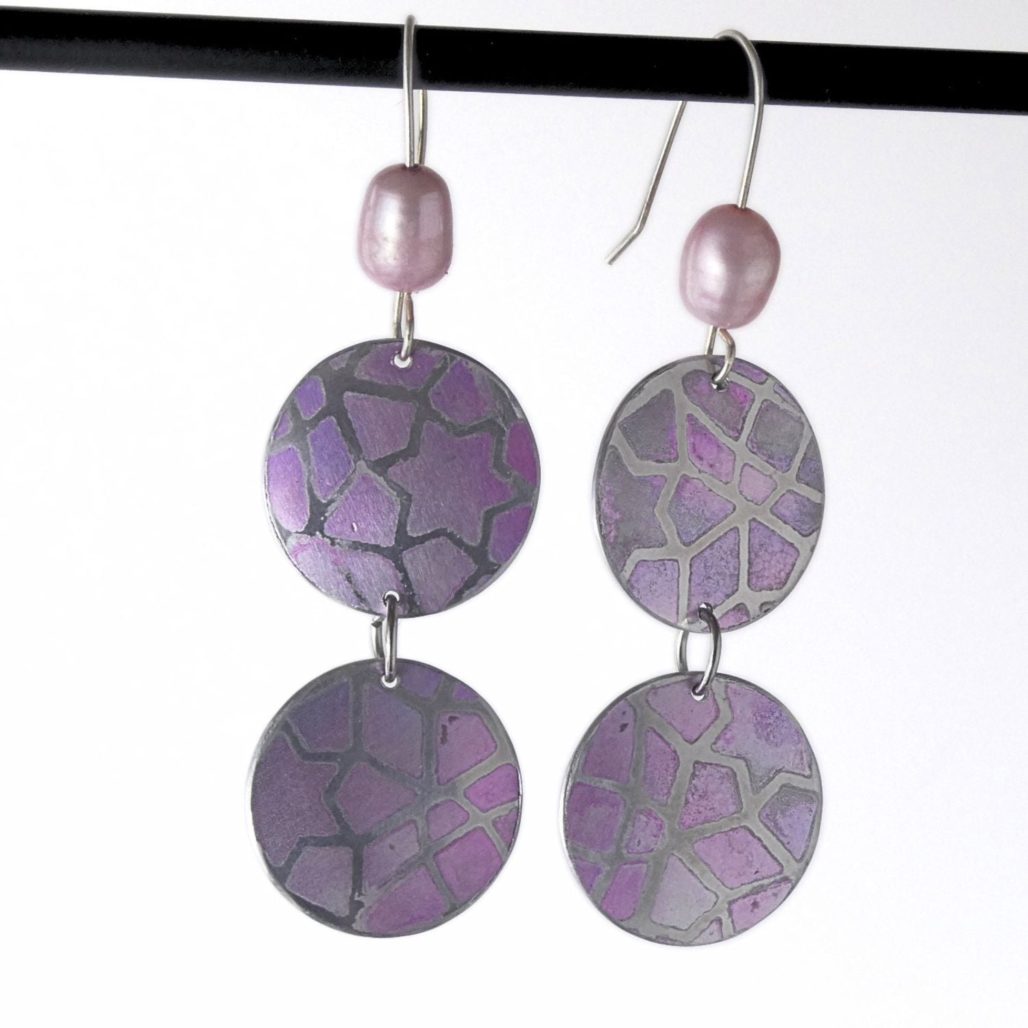 Anodised aluminium earrings hand printed Pink Mosaic Collection - A252