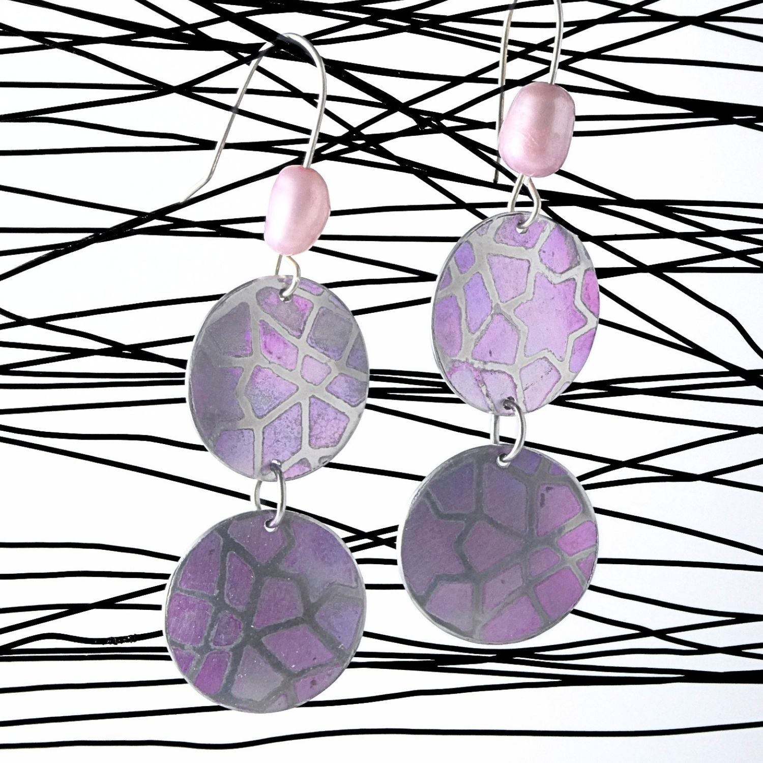 Anodised aluminium earrings hand printed Pink Mosaic Collection - A252