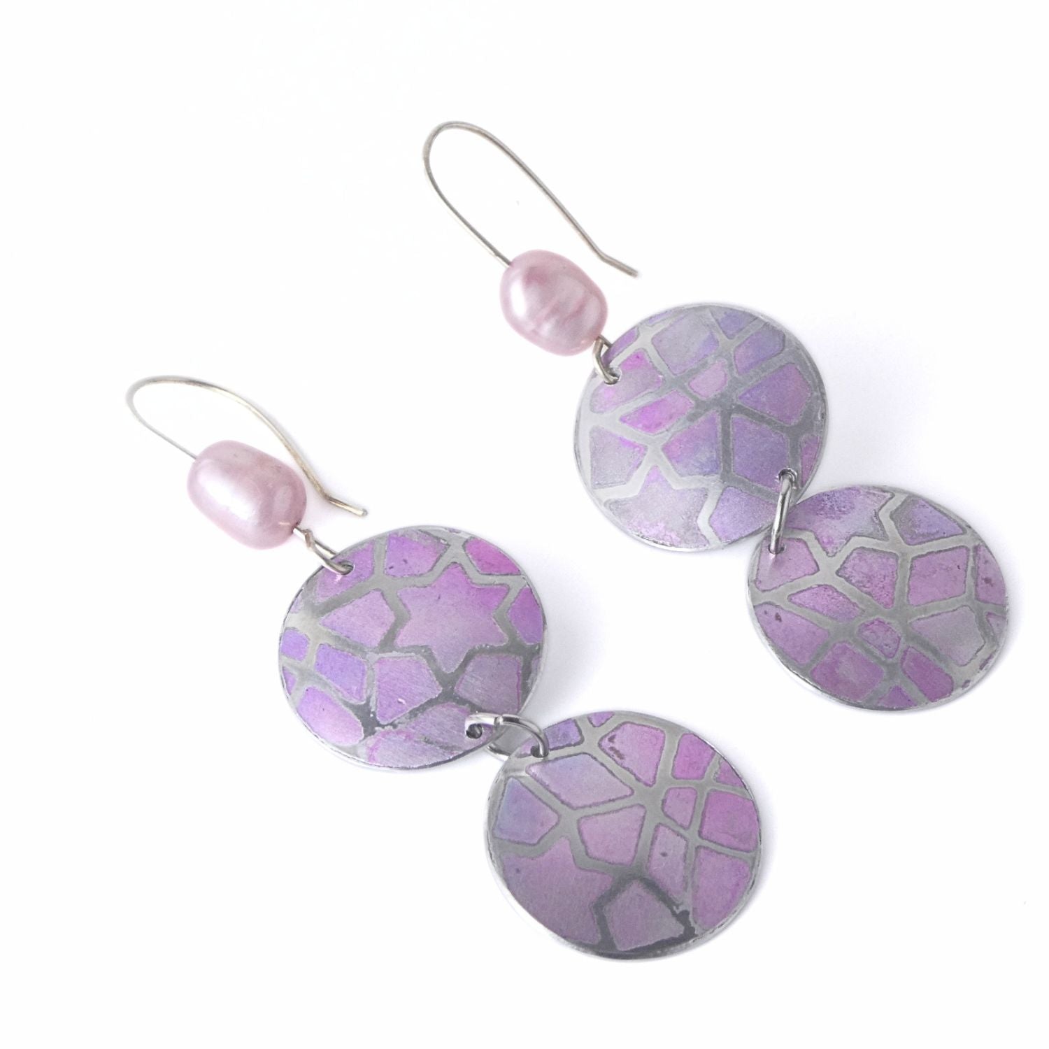 Anodised aluminium earrings hand printed Pink Mosaic Collection - A252
