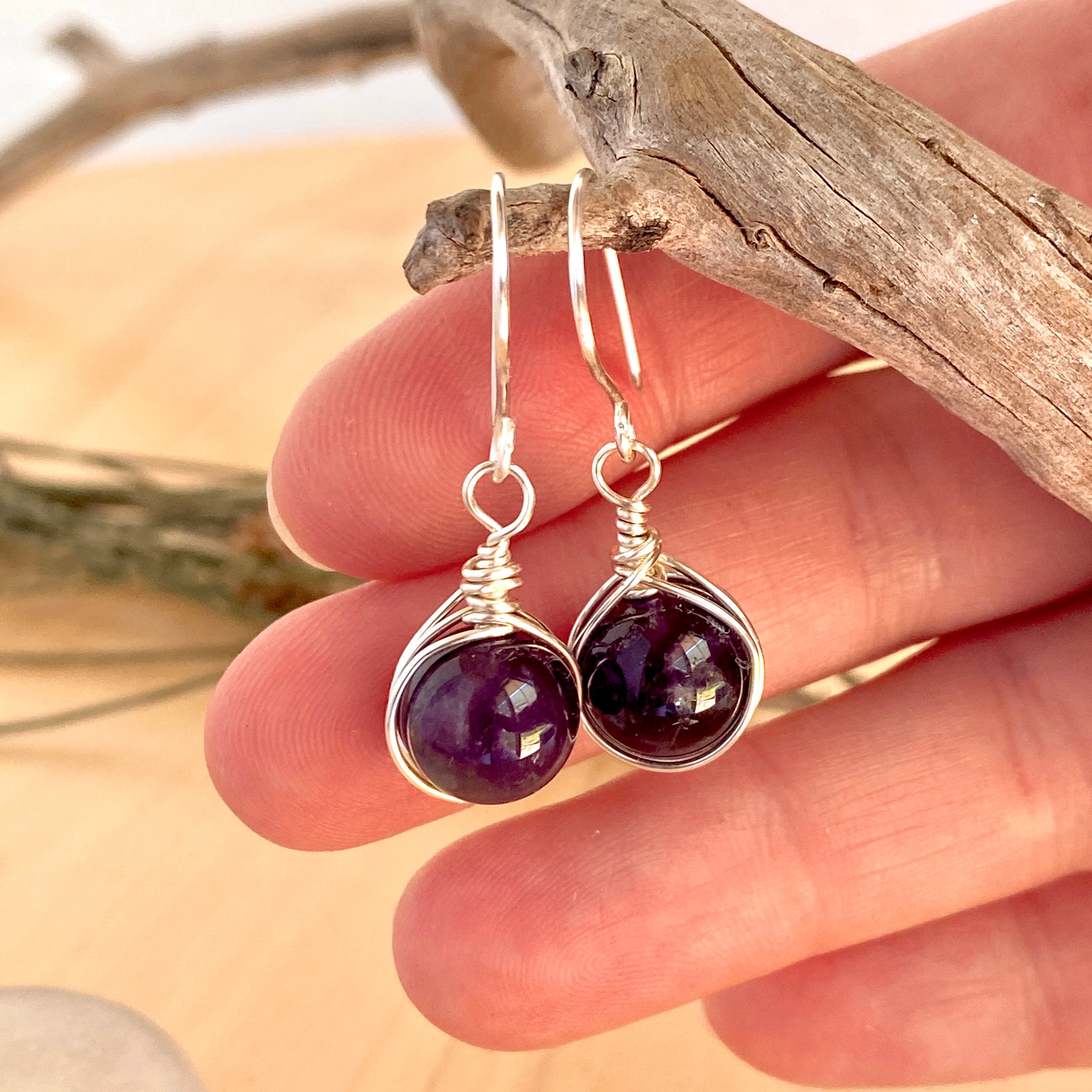 Amethyst Gemstone Silver Earrings | Wire Wrap Jewellery