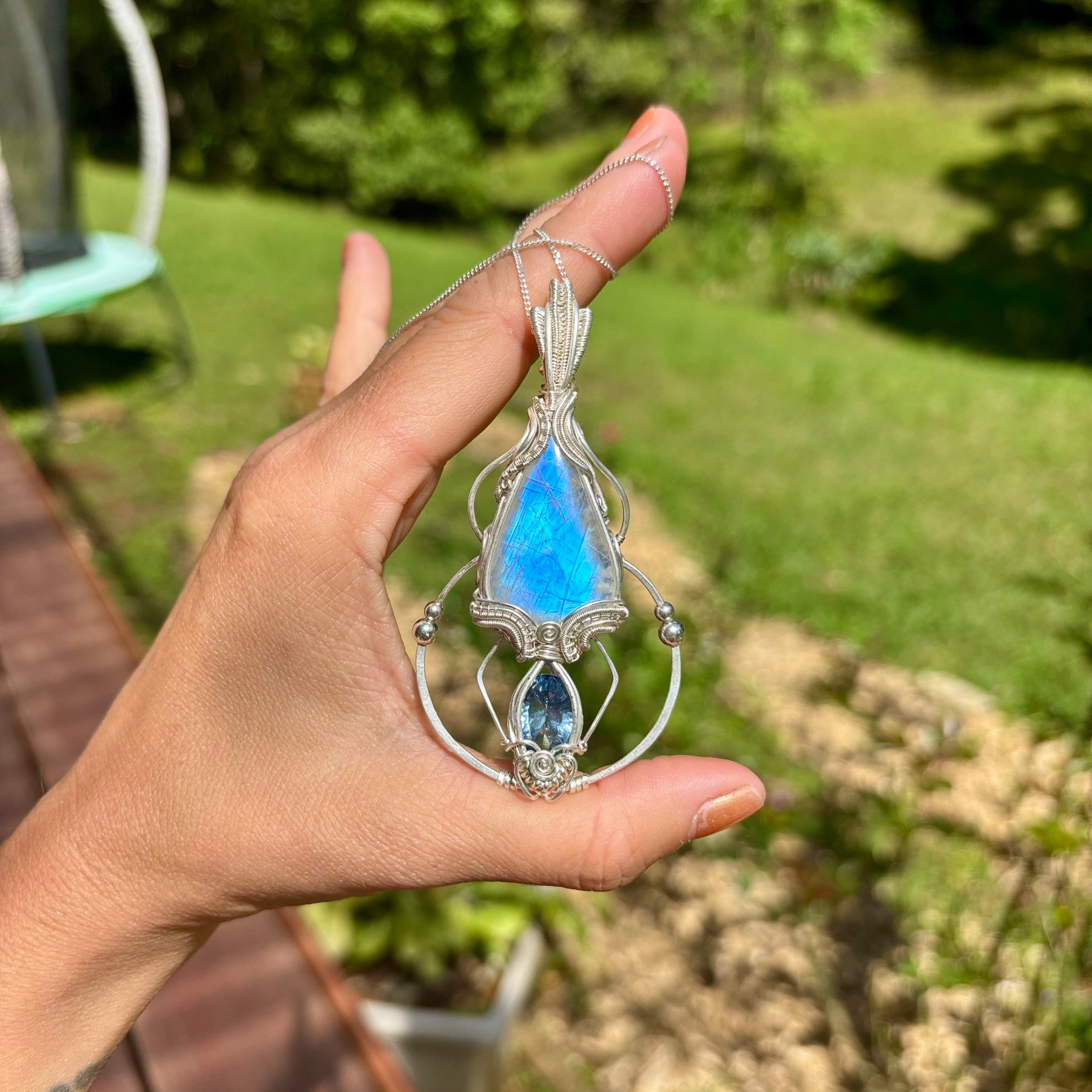 Moonstone, mystic Quartz fantasy geometry pendant