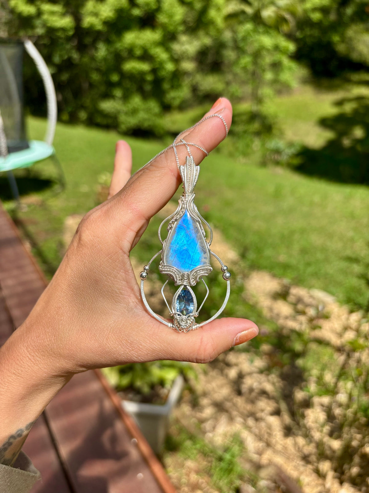 Moonstone, mystic Quartz fantasy geometry pendant