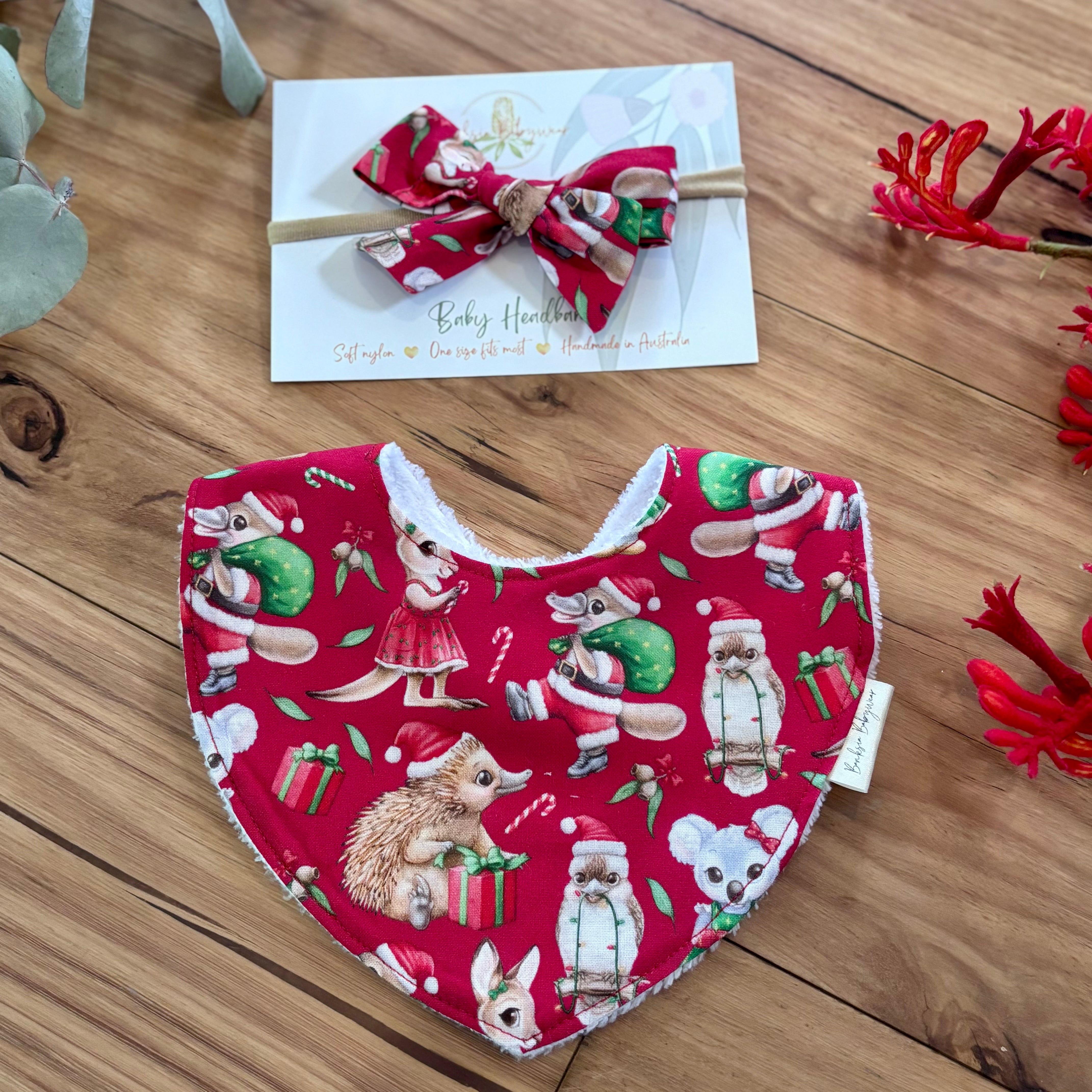 Christmas Baby Bib and Bow Set - Red Aussie Animals
