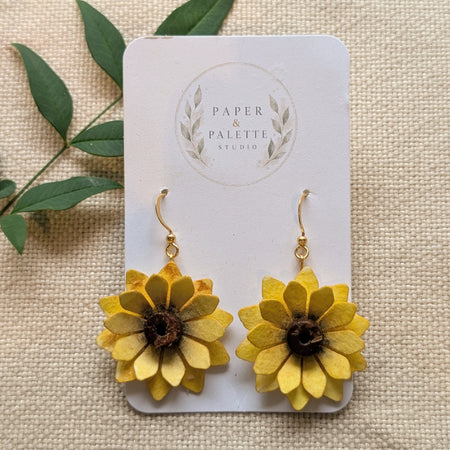 Sunflower Watercolour Paper Earrings | Handmade Floral Dangle Earrings