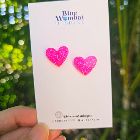Pink Glitter Resin Love Heart Studs 16mm