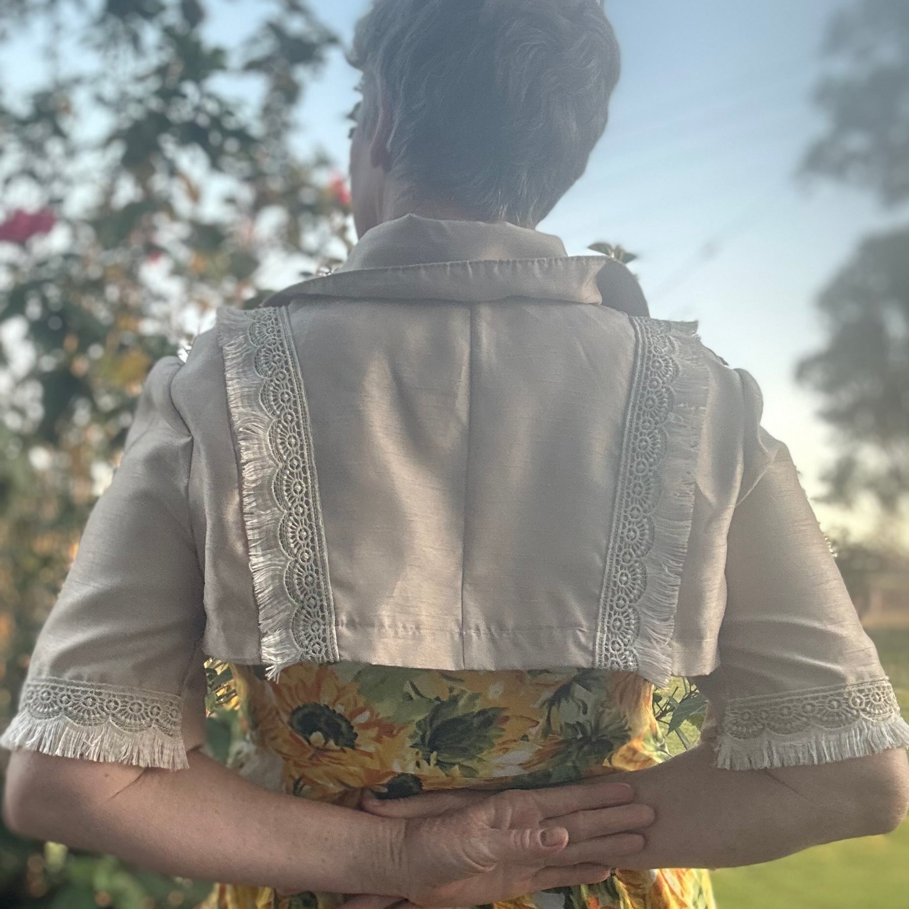 Upcycled Brown Taffeta Regency Bolero Lace Trim