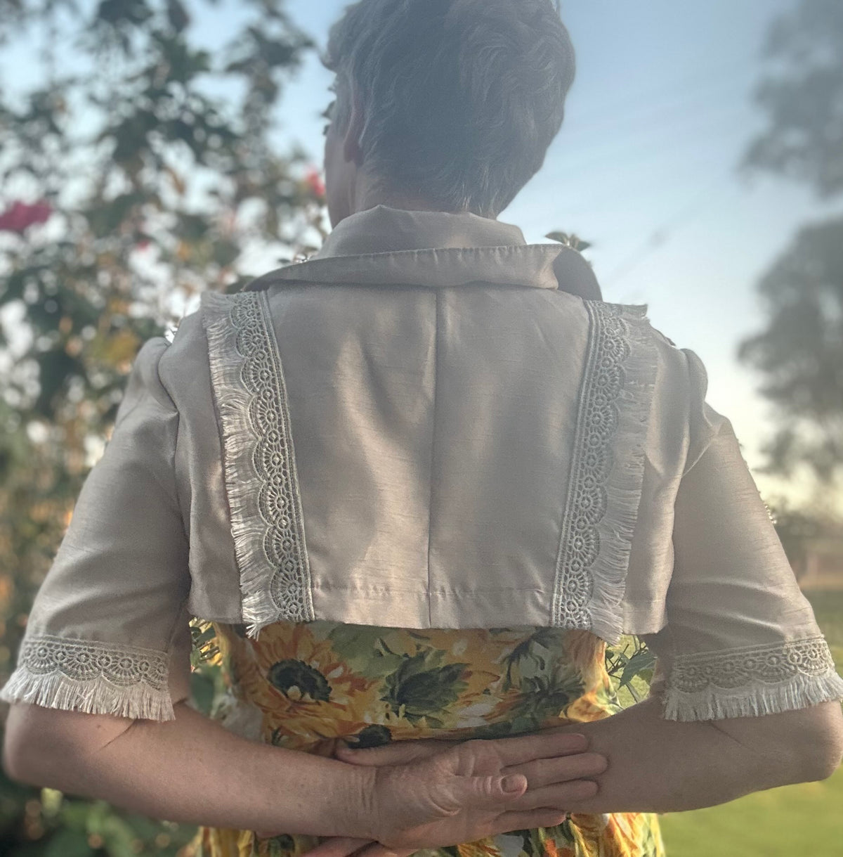 Upcycled Brown Taffeta Regency Bolero Lace Trim