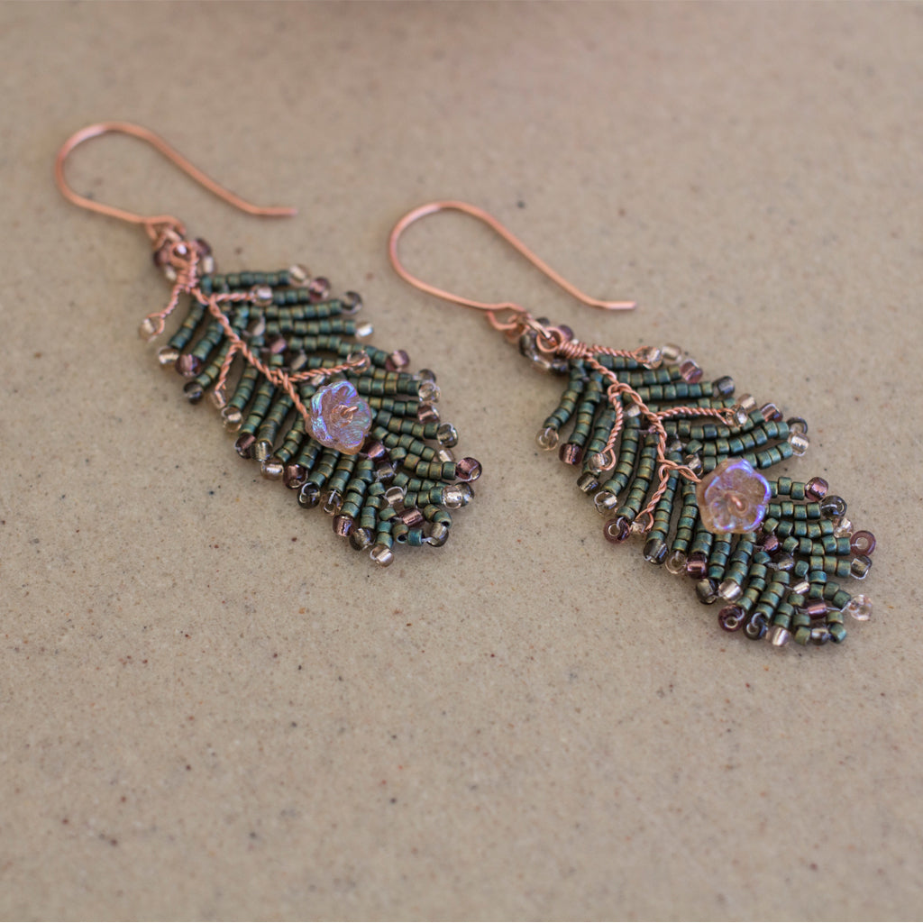 Beaded Leaf and Flower Earrings | Copper Jewellery