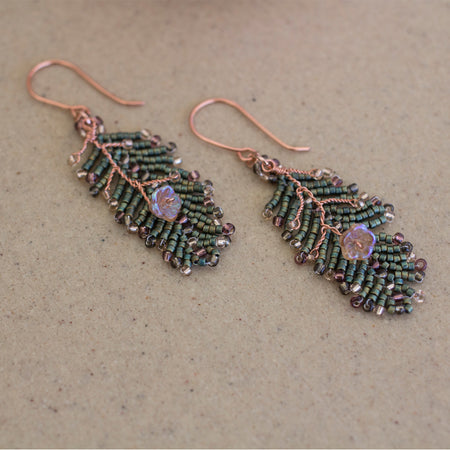 Beaded Leaf and Flower Earrings | Copper Jewellery