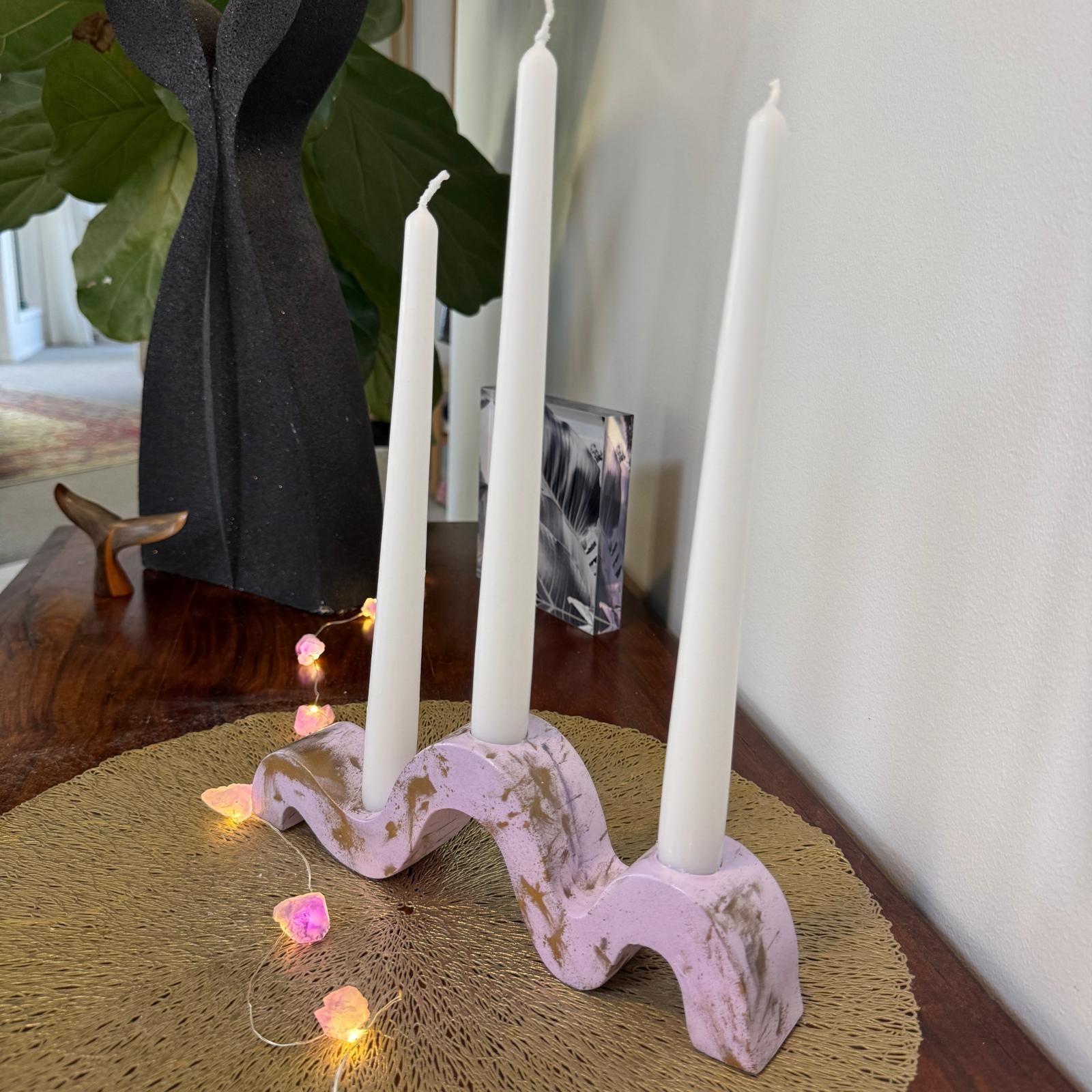 Lilac and gold wavy concrete holder for taper candles