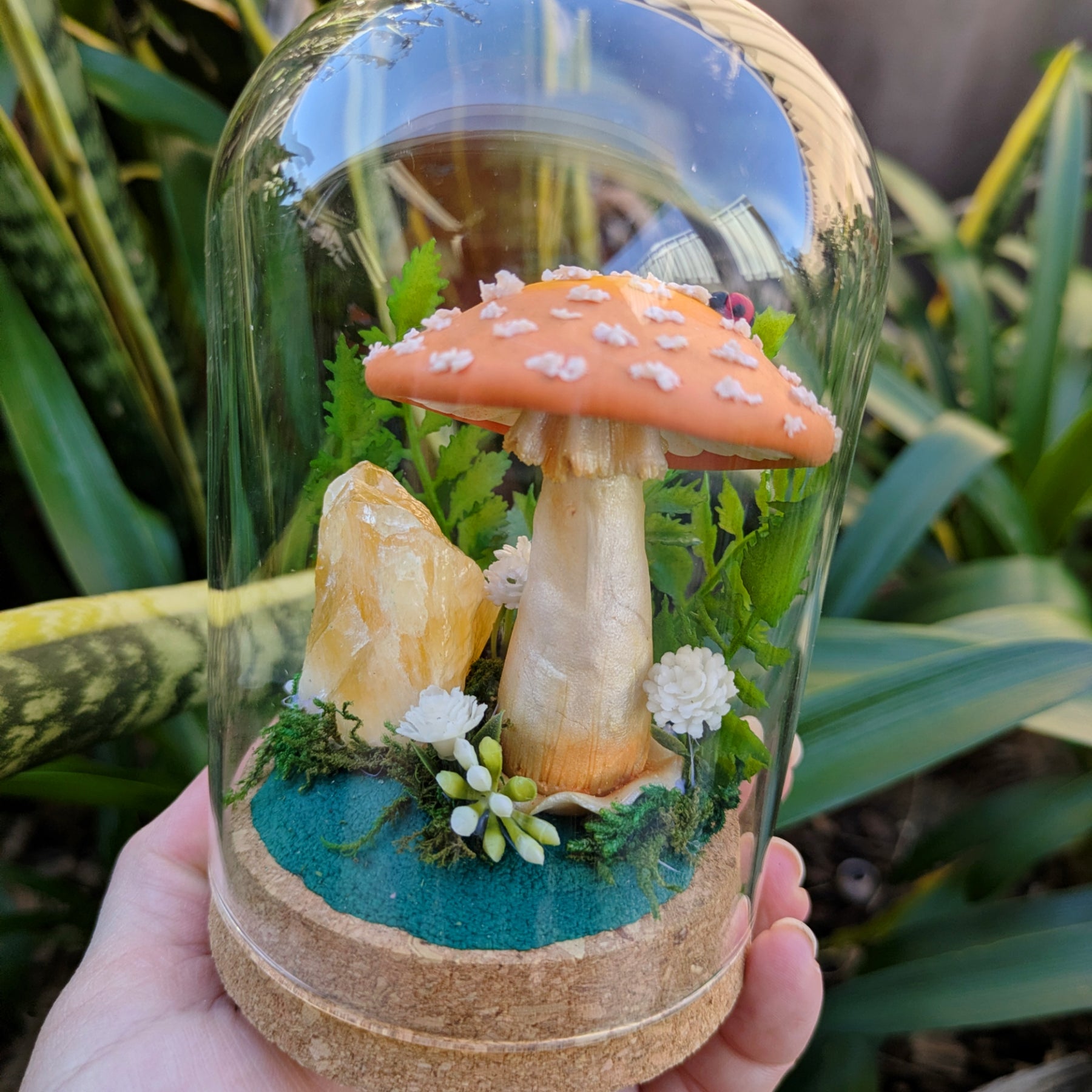 Enchanted Orange Mushroom & Honey Calcite Crystal Dome