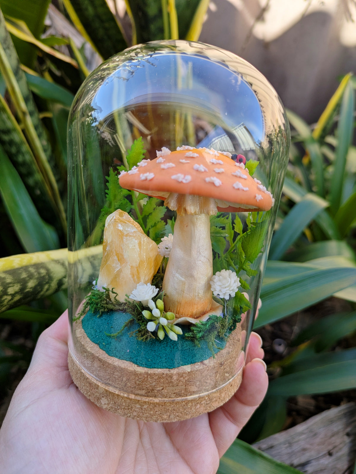 Enchanted Orange Mushroom & Honey Calcite Crystal Dome