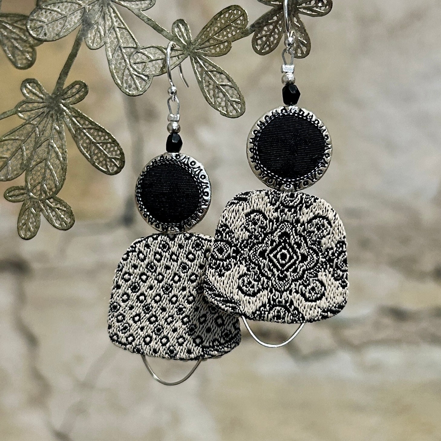 Earrings Upcycled Textile Black Beige Silver Detail - EBW-118