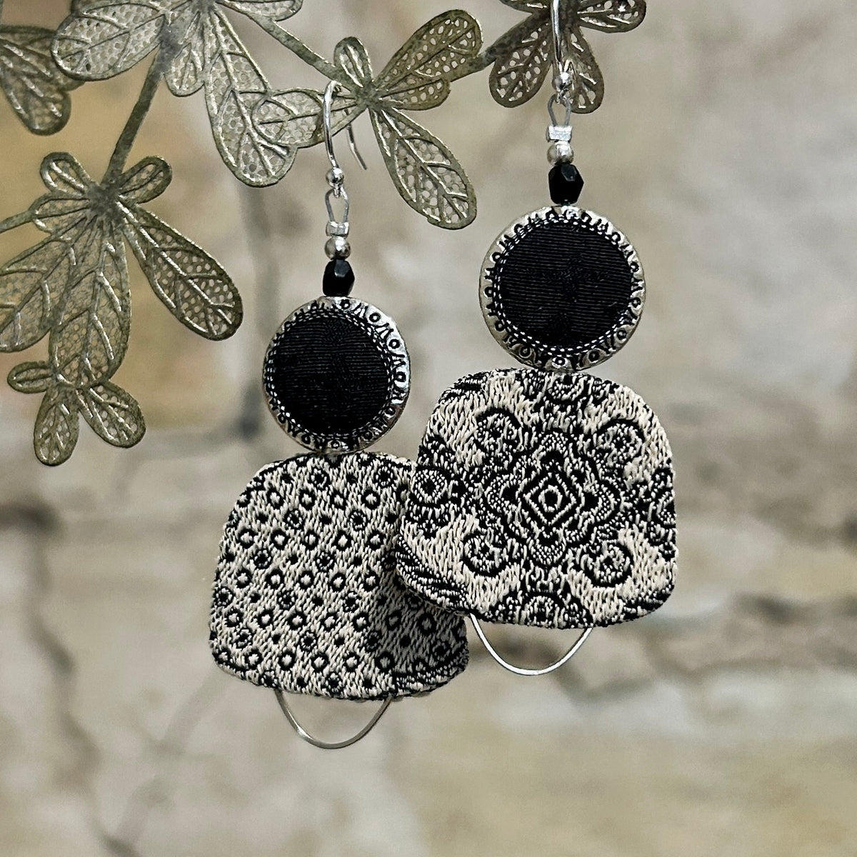 Earrings Upcycled Textile Black Beige Silver Detail - EBW-118