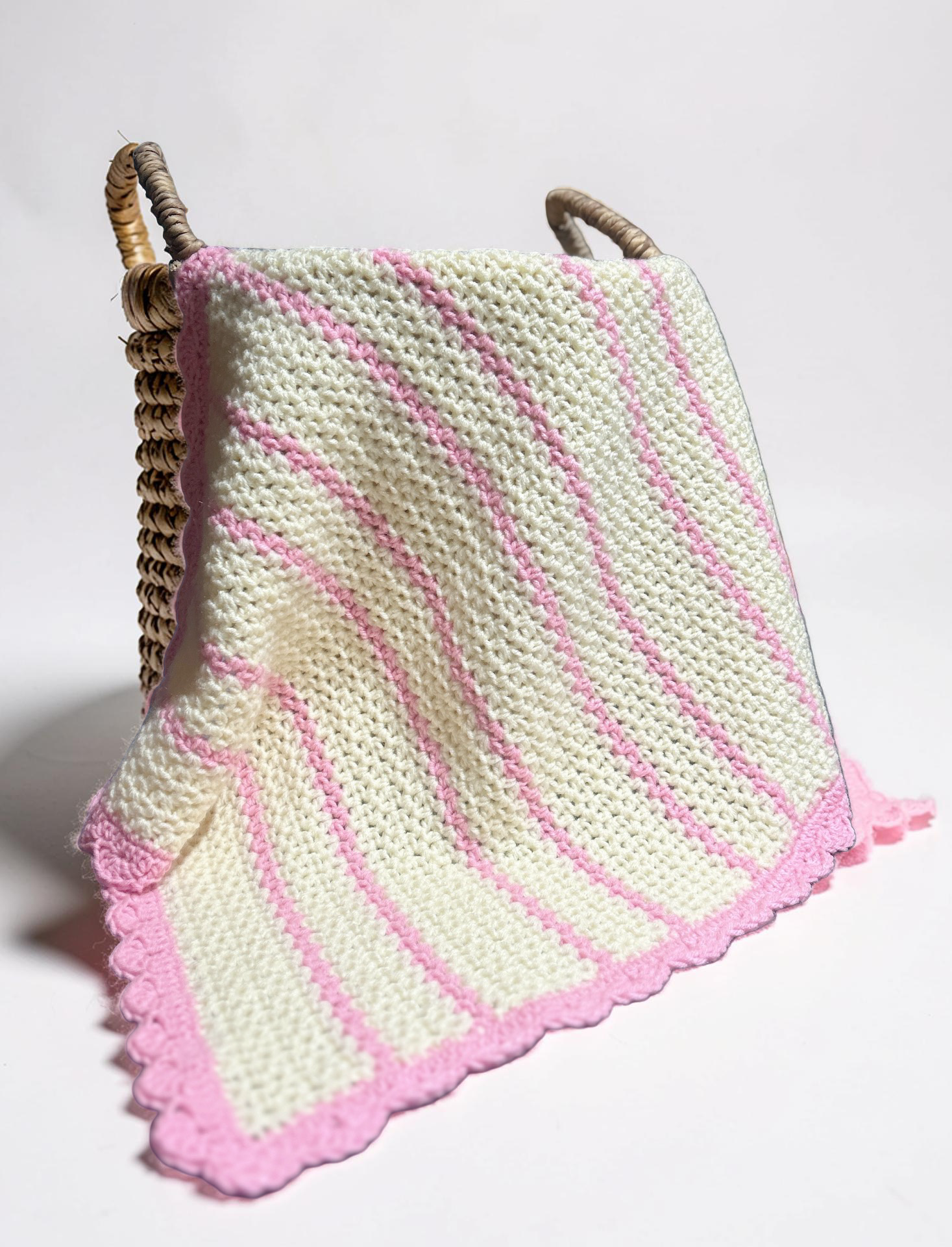 Handmade Pink & Cream Crochet Baby Blanket – Scalloped Edge Nursery Throw