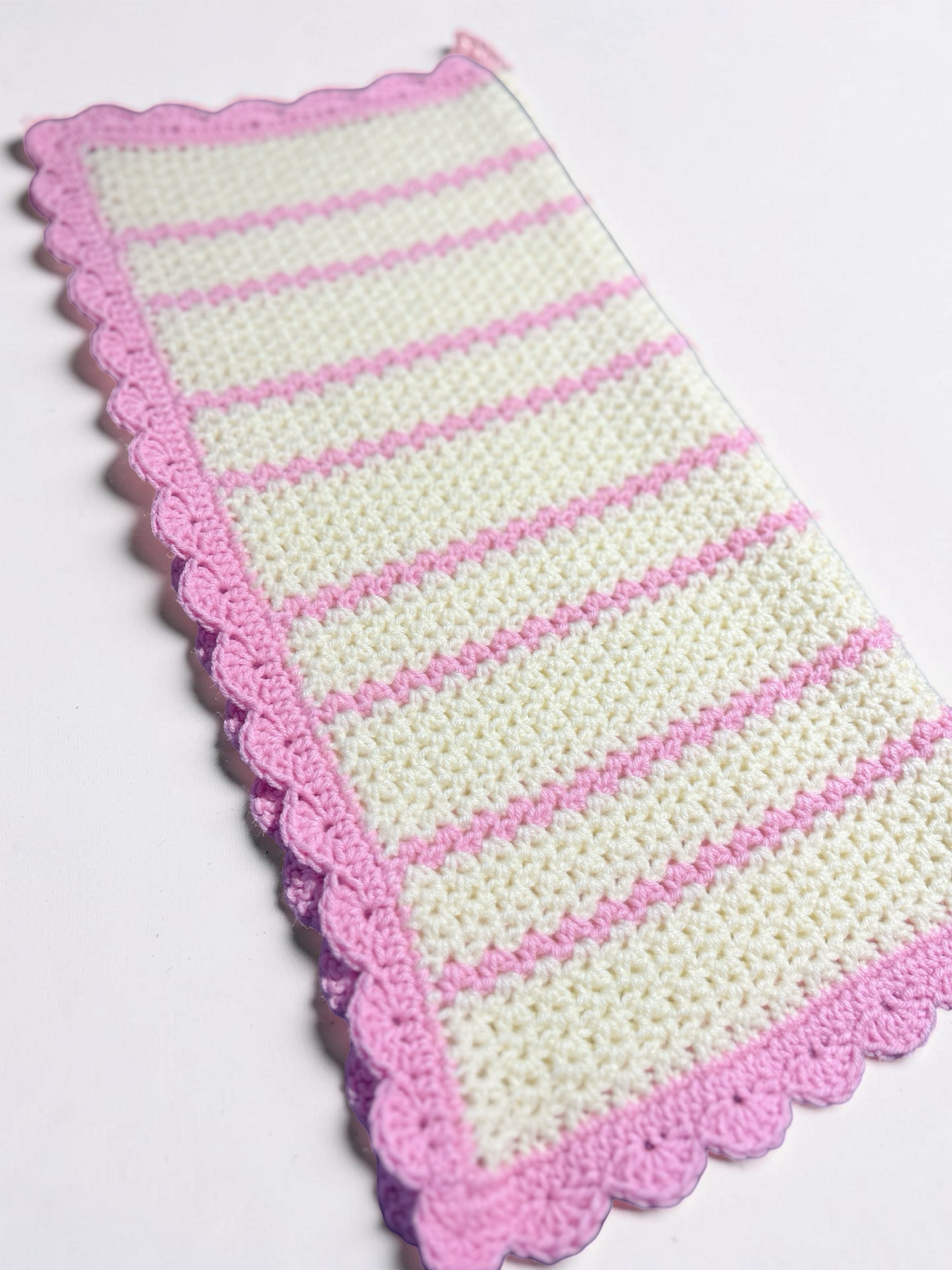 Handmade Pink & Cream Crochet Baby Blanket – Scalloped Edge Nursery Throw