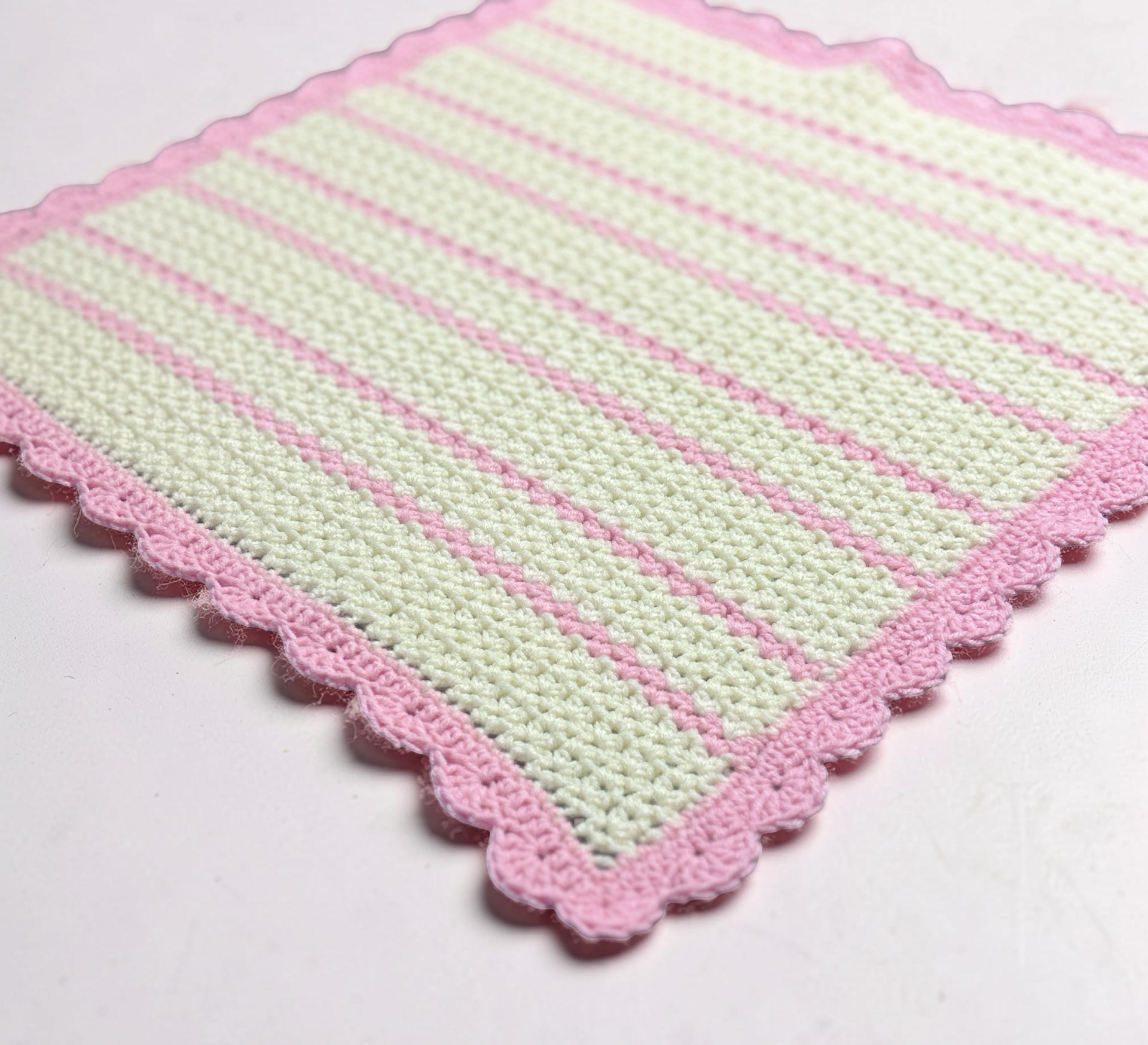 Handmade Pink & Cream Crochet Baby Blanket – Scalloped Edge Nursery Throw