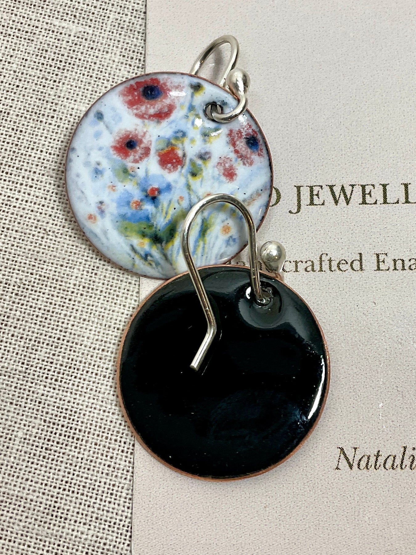 Red poppy design enamel earrings. Handmade