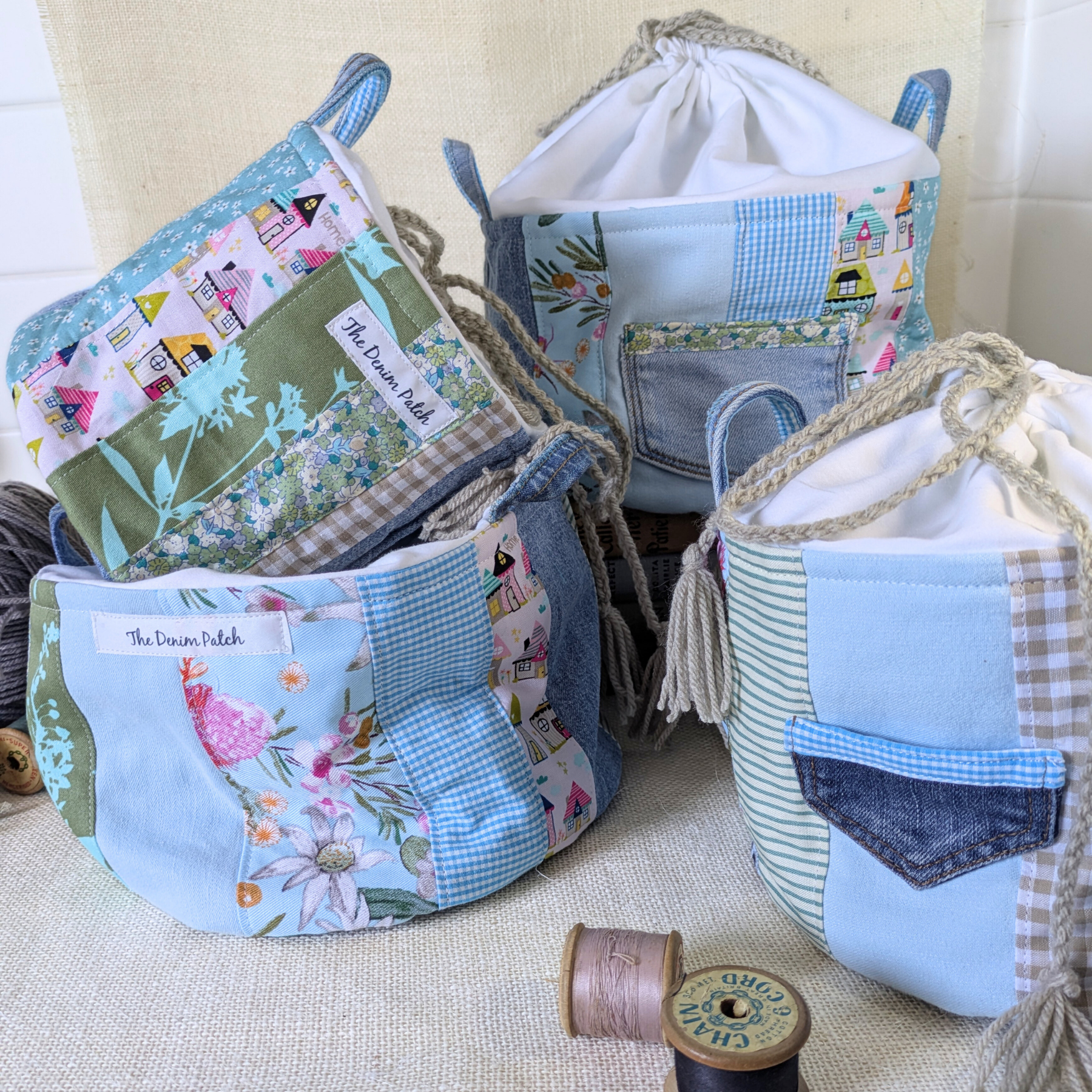 Project Bag Upcycled Denim, Craft Storage, Pastel Blue Green, Small
