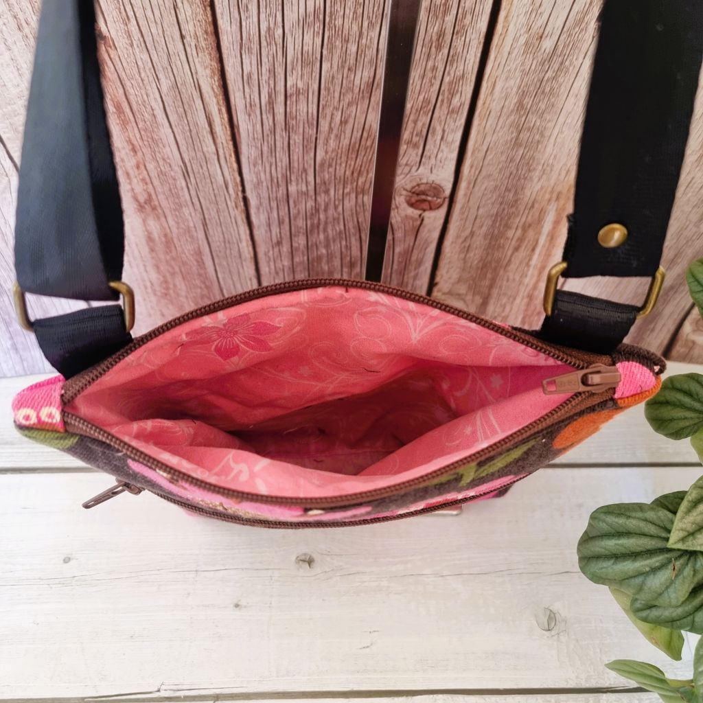 Upcycled zipped crossbody bag - funky pink flowers on brown