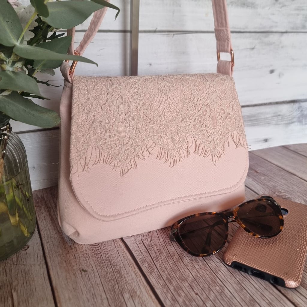 Upcycled small messenger bag - pale blush pink & lace