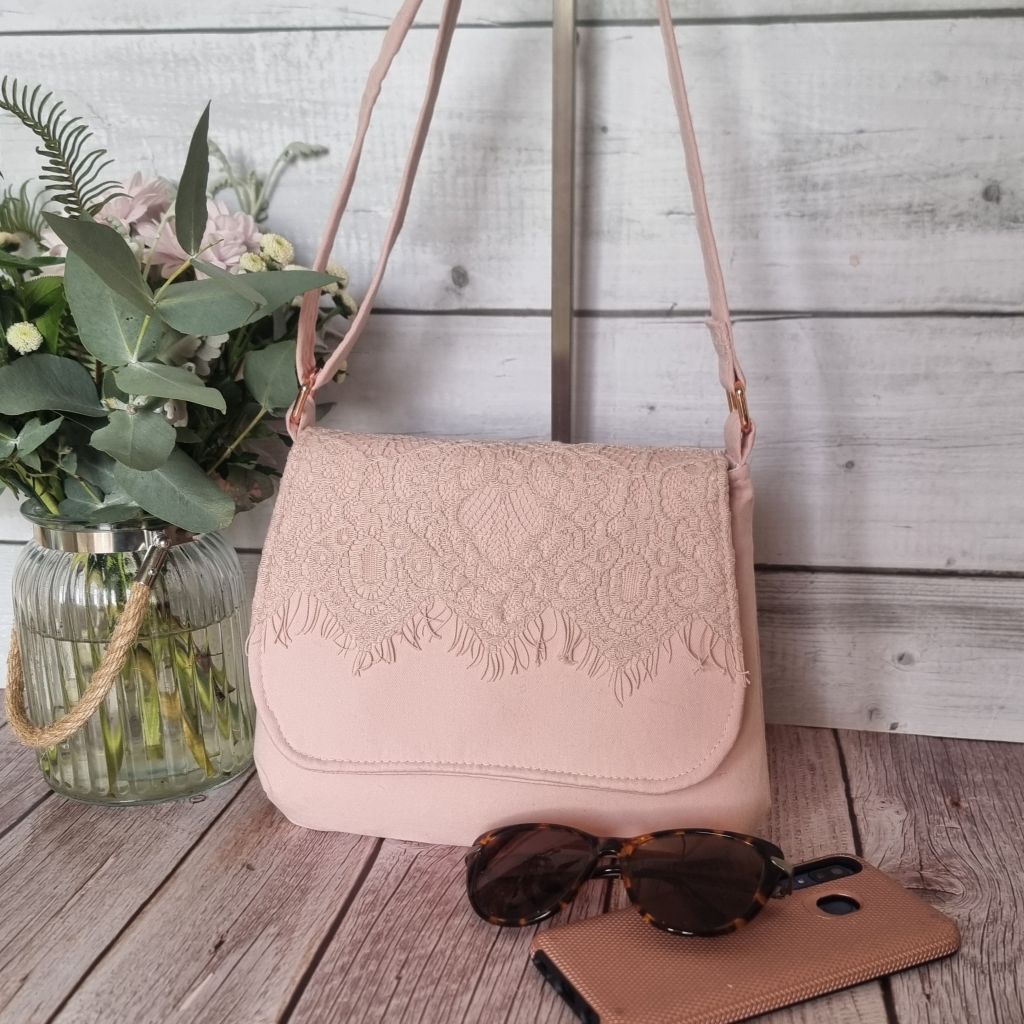 Upcycled small messenger bag - pale blush pink & lace