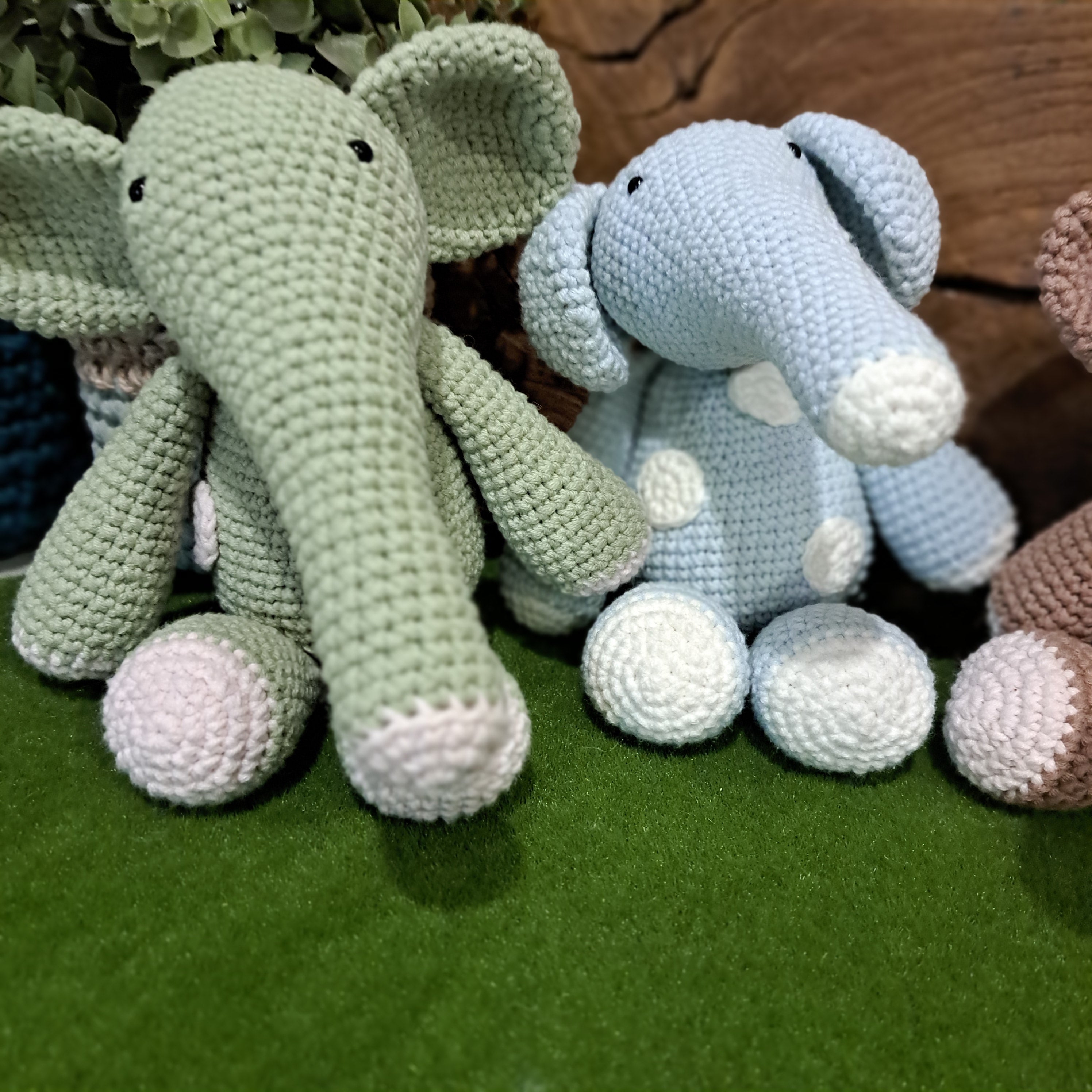 Crochet toy elephants. Small with spots