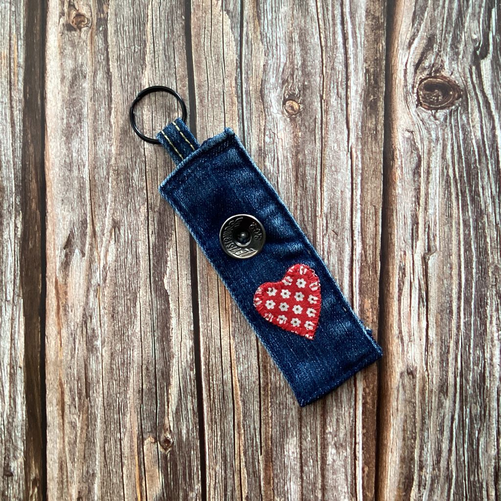 Upcycled Denim Key Fob - Red Heart