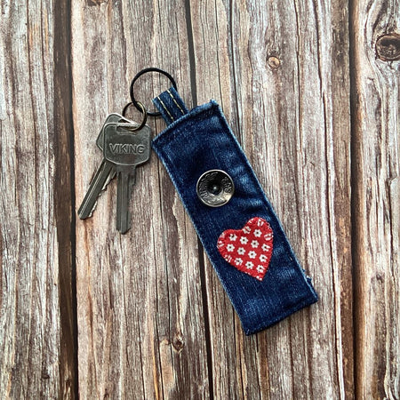 Upcycled Denim Key Fob - Red Heart