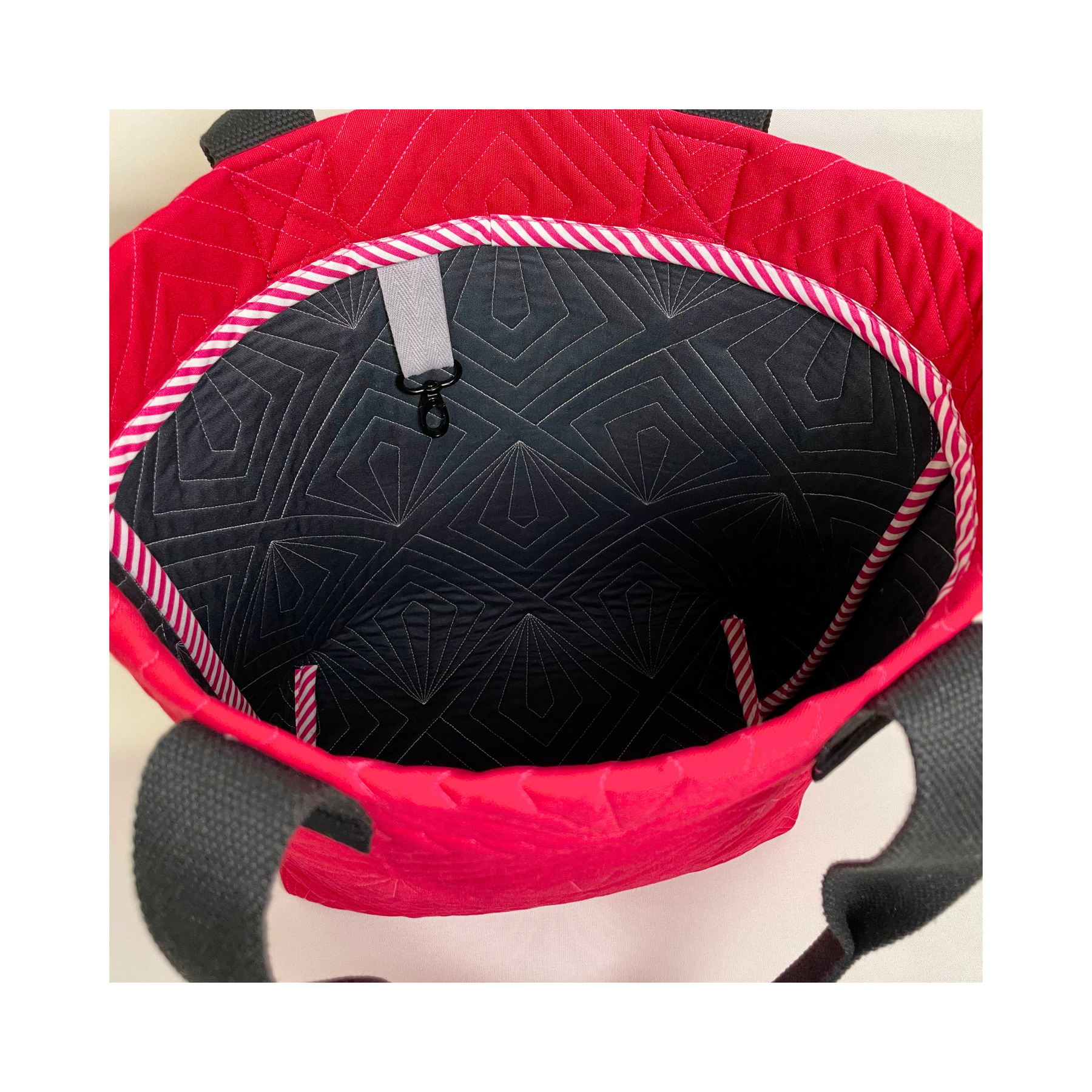 Quilted Cavnas Tote Bag - Red with Neon pink quilting