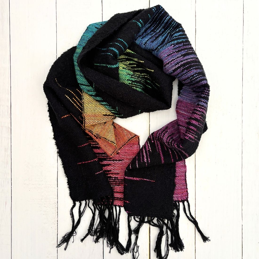 Handwoven Scarf - Black - Rainbow - Wool - Cotton