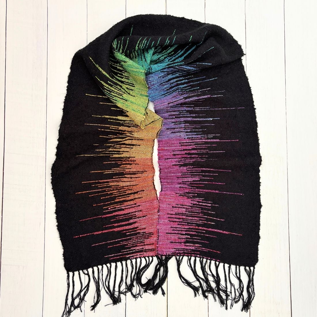 Handwoven Scarf - Black - Rainbow - Wool - Cotton