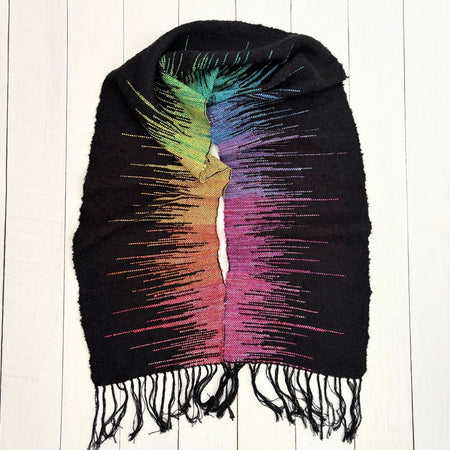 Handwoven Scarf - Black - Rainbow - Wool - Cotton