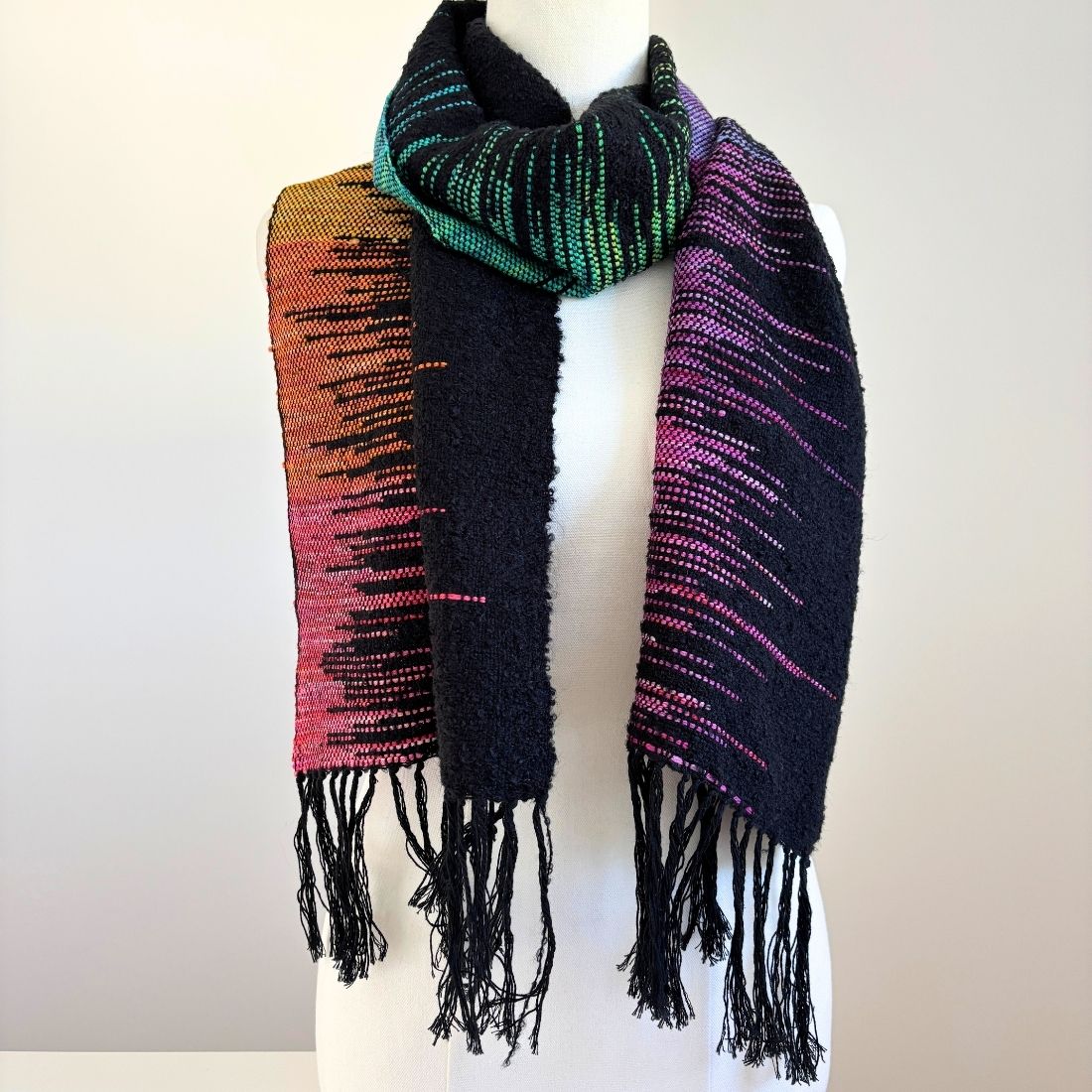 Handwoven Scarf - Black - Rainbow - Wool - Cotton
