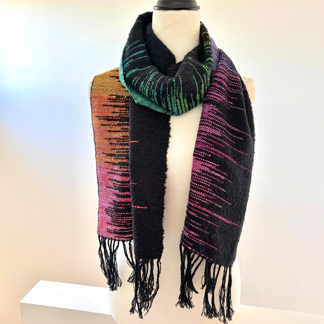 Handwoven Scarf - Black - Rainbow - Wool - Cotton