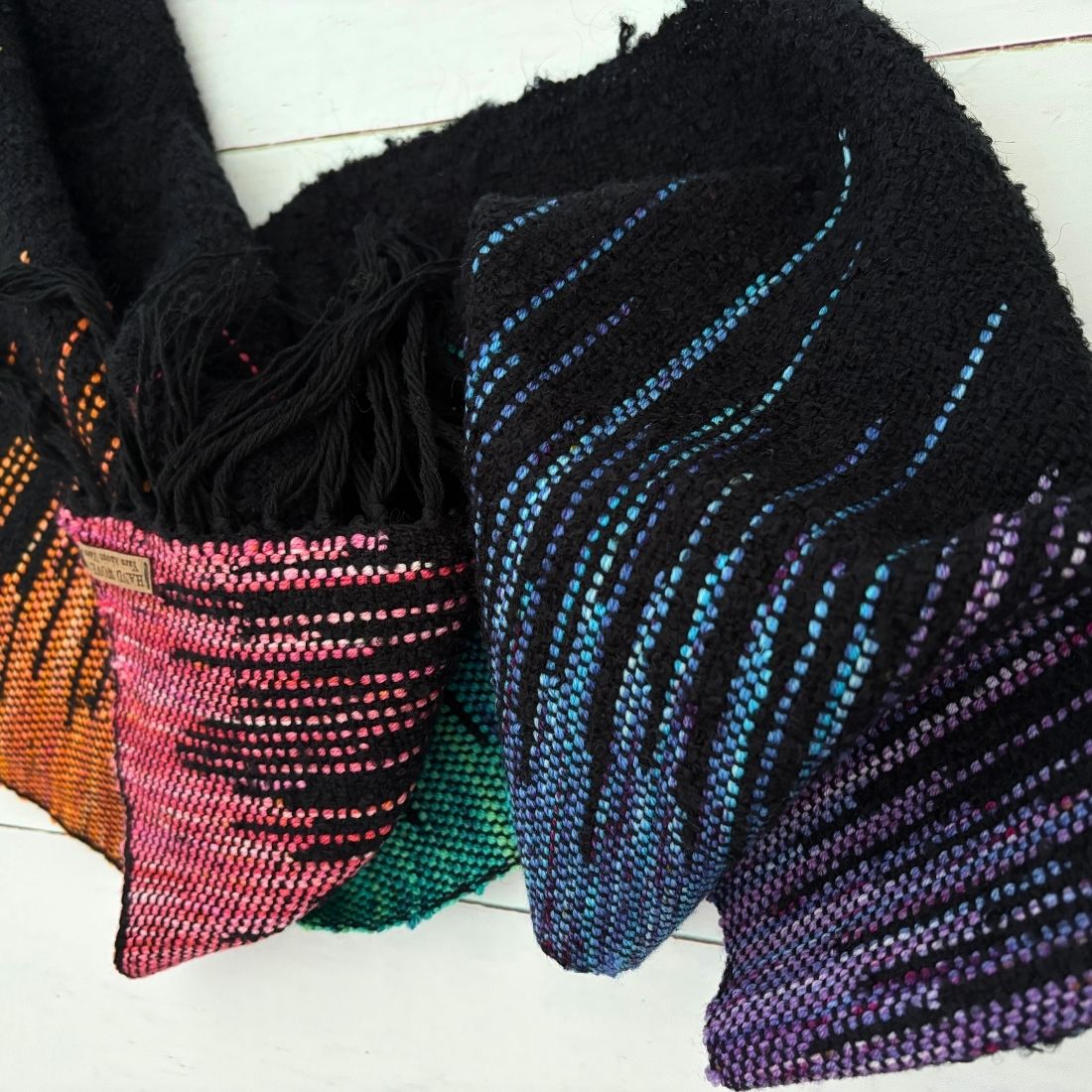 Handwoven Scarf - Black - Rainbow - Wool - Cotton