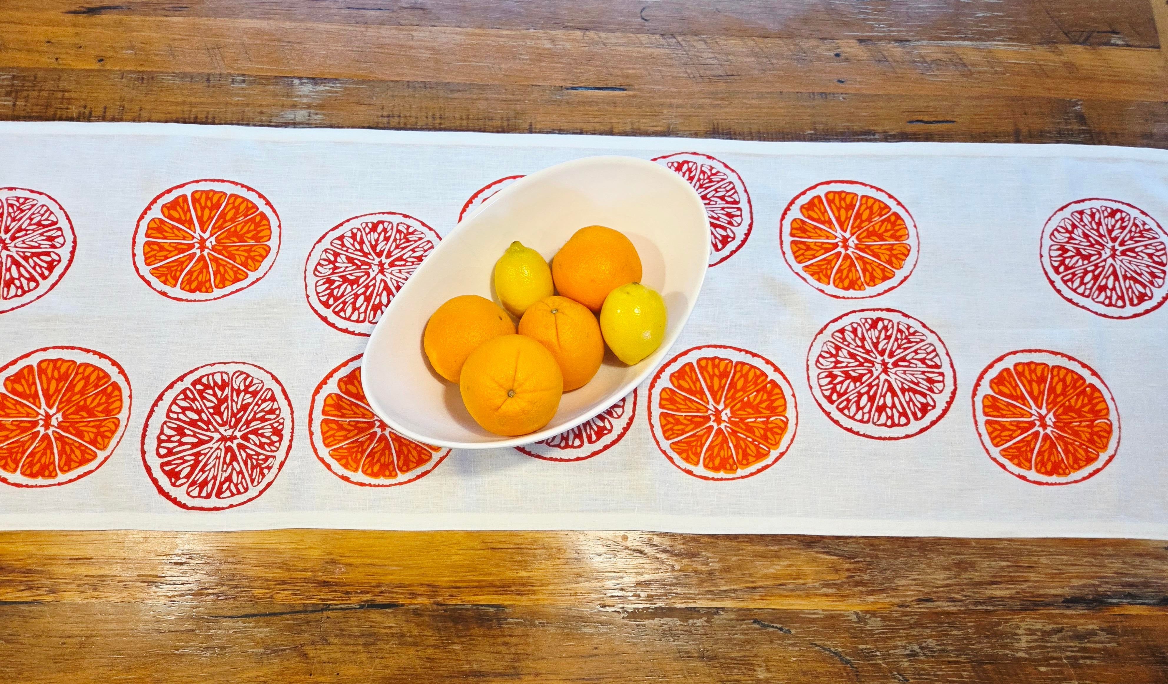 Hand Screenprinted Linen Table Runners-Oranges & Oranges