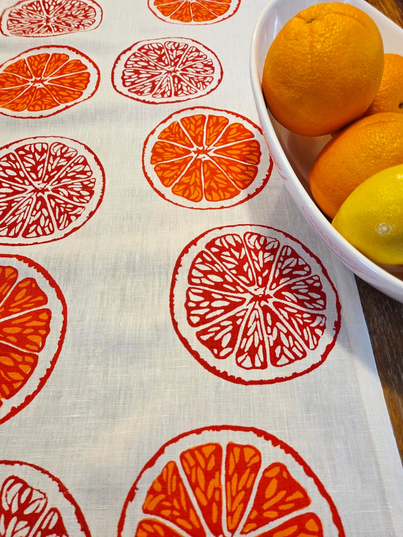 Hand Screenprinted Linen Table Runners-Oranges & Oranges