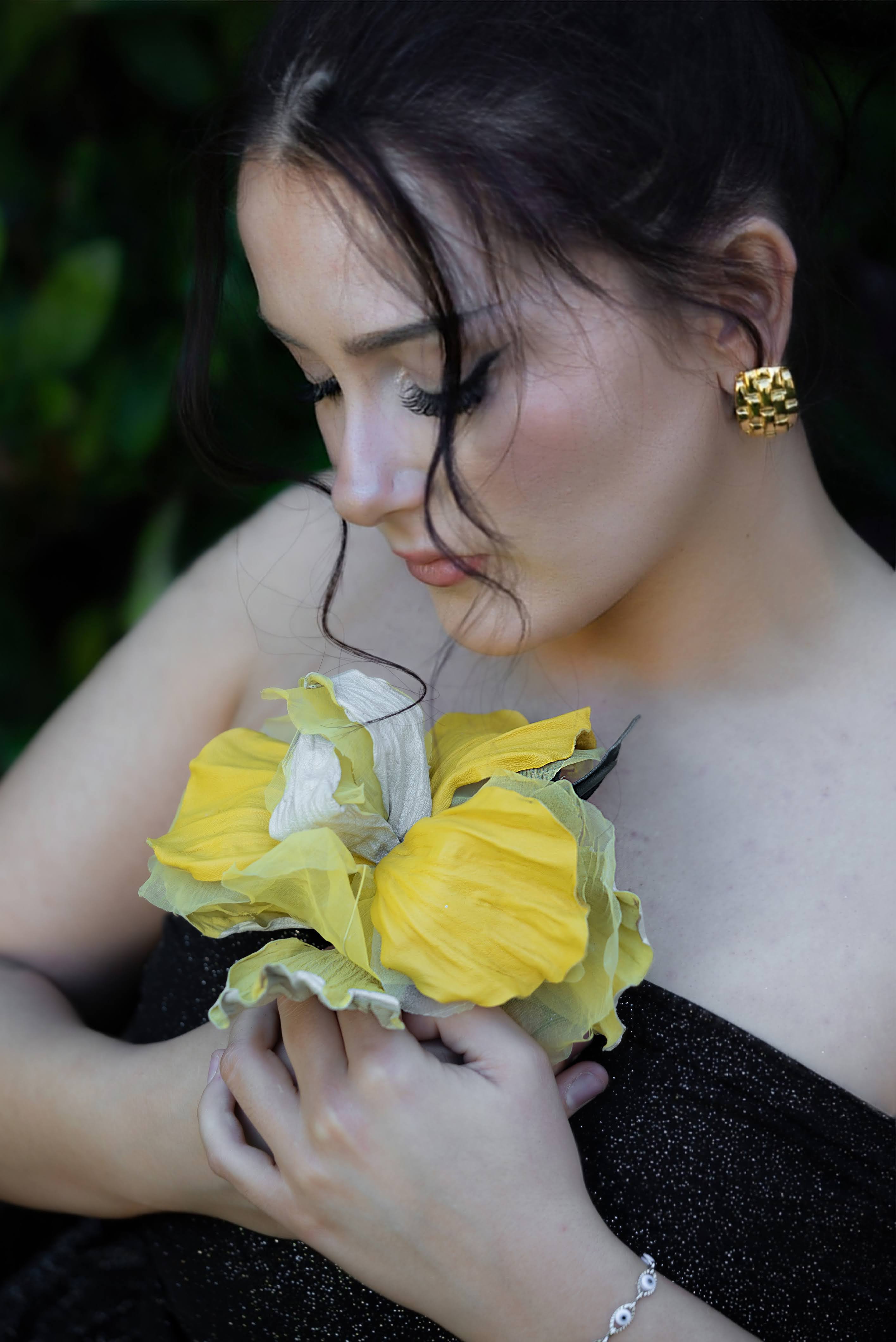 Silk & Leather Iris “Golden Light”, Flower Brooch, Hair Clip, Corsage Flower