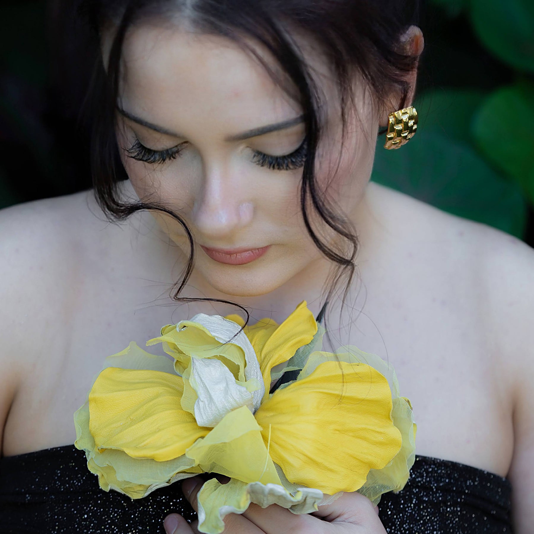 Silk & Leather Iris “Golden Light”, Flower Brooch, Hair hat Clip, Corsage Flower