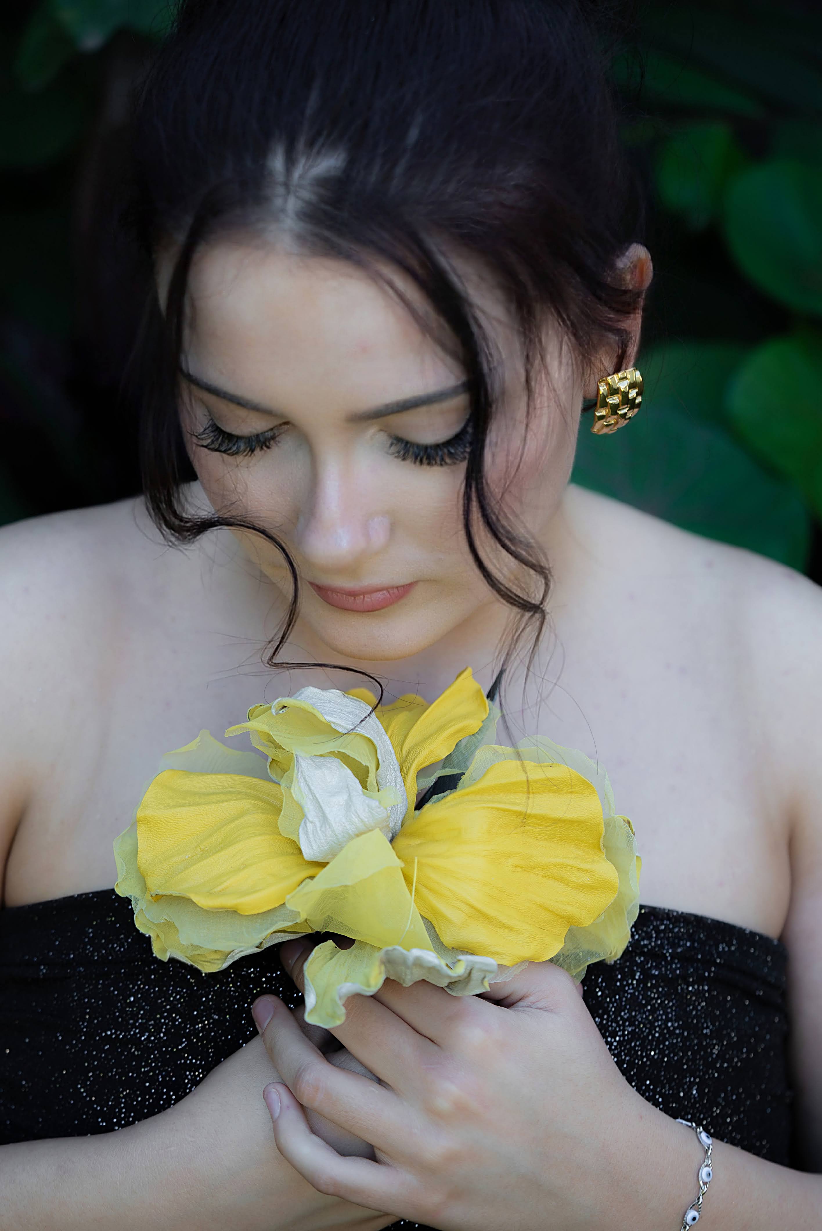 Silk & Leather Iris “Golden Light”, Flower Brooch, Hair hat Clip, Corsage Flower
