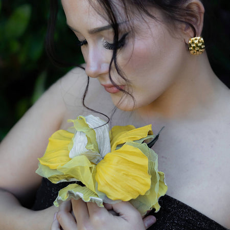 Silk & Leather Iris “Golden Light”, Flower Brooch, Hair hat Clip, Corsage Flower