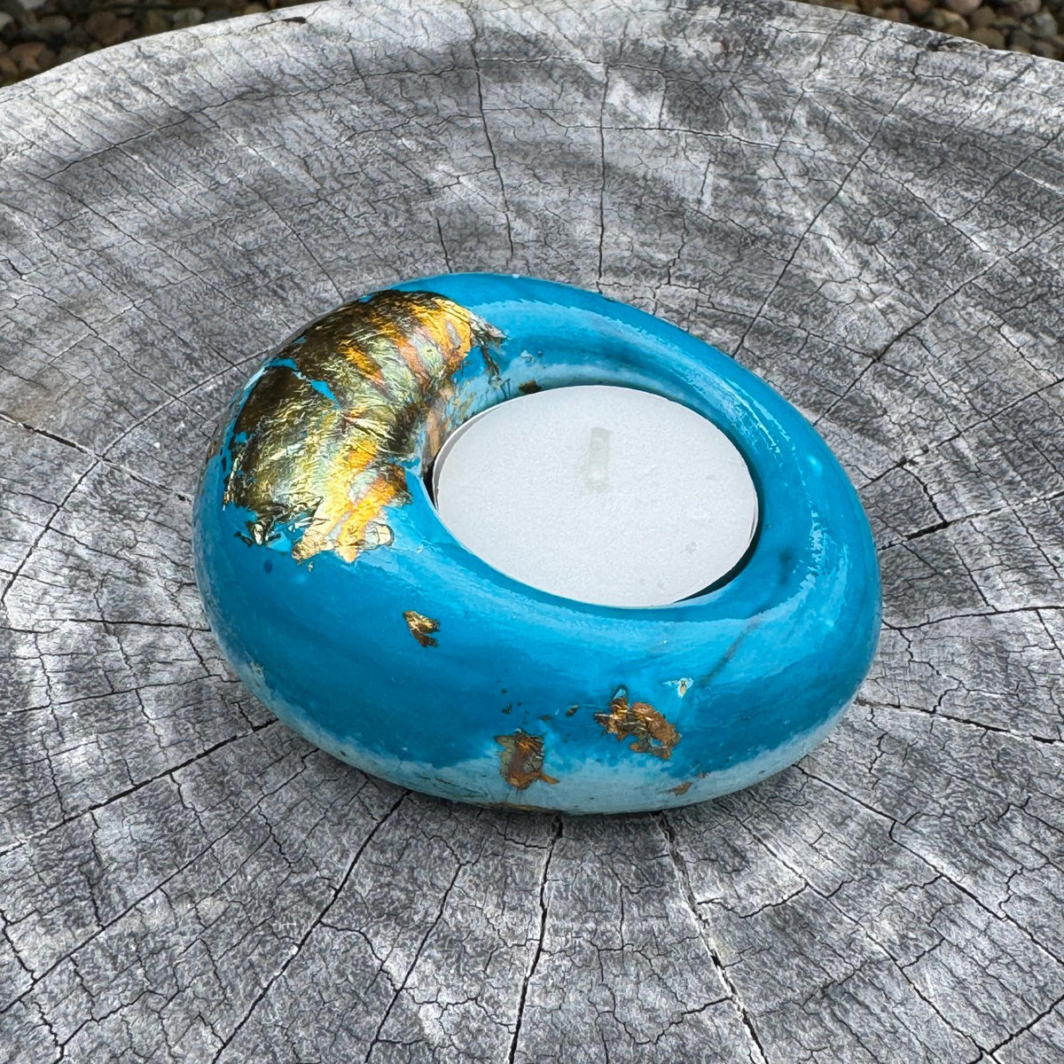Teal and gold eco-stone pebble shaped tealight candle holder