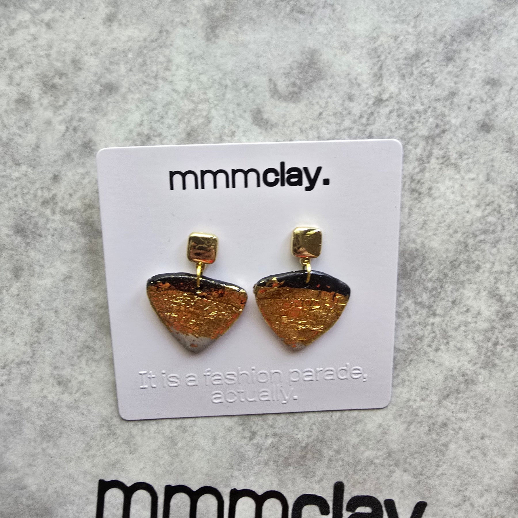 Black and Gold Geometric Triangle Polymer Clay Earrings | 9K Gold Plated
