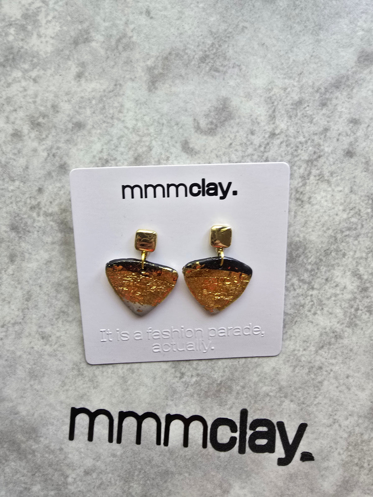 Black and Gold Geometric Triangle Polymer Clay Earrings | 9K Gold Plated