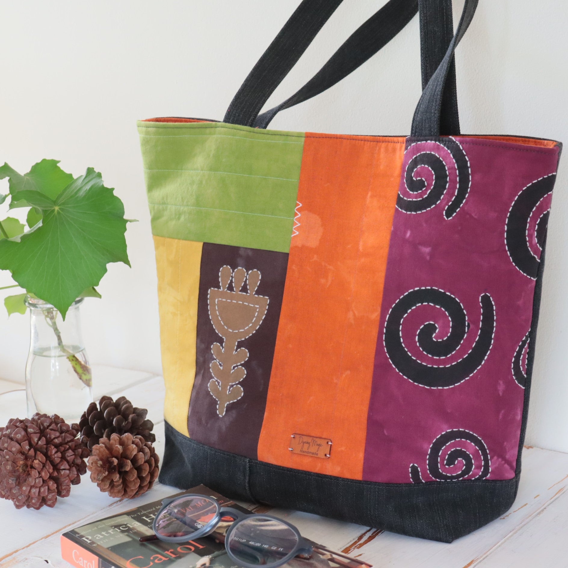 Tote Bag, Hand Dyed with upcycled denim, autumn colours