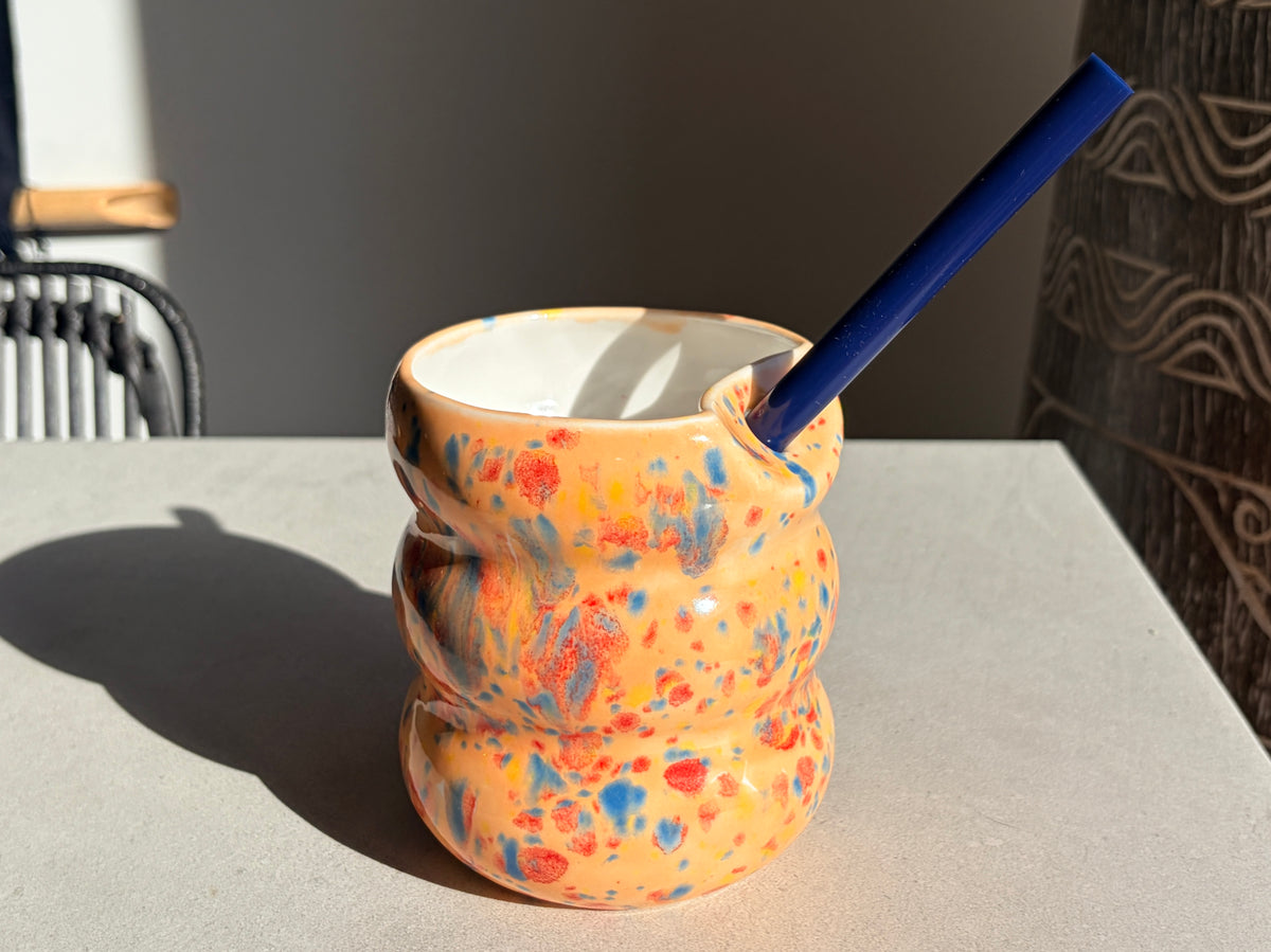 Handcarfted Porcelain Tumbler with Silicon Straw, 600mL Bubble Cup in Peachy Glaze