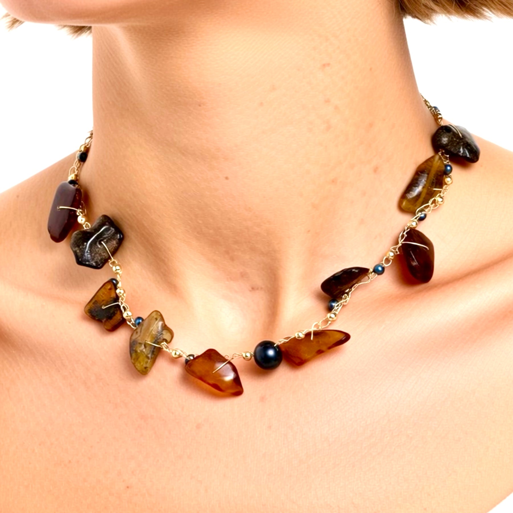 Amber & Pearls Necklace-Chocker “Sunset”